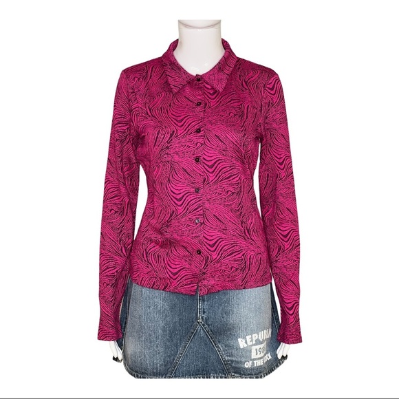 Zara Shirt Size M pink Animal Print Long Sleeve shirt Collar Knitted Blouse New - Picture 2 of 14